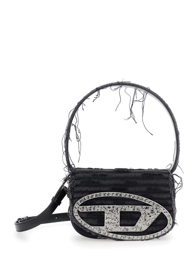 '1Dr' Black Shoulder Bag With Oval D Plaque With Rhinestones And Fringed Edges In Cotton And Leather Blend Woman