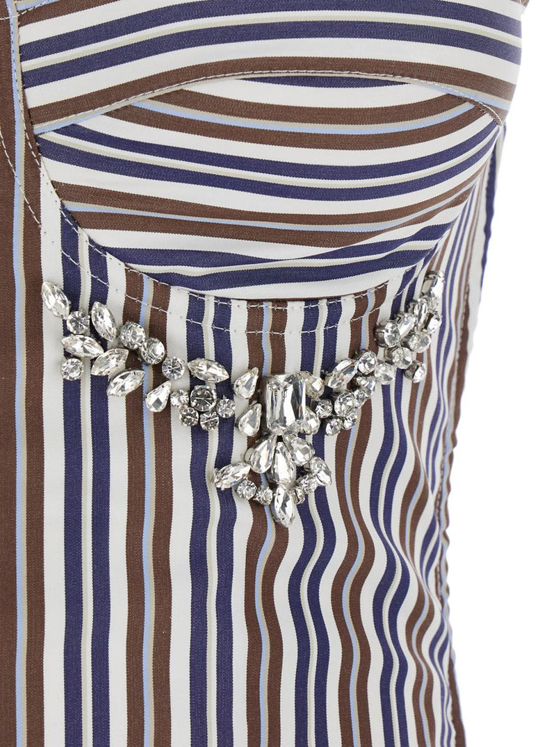 Multicolor Bustier Style Top With Front Crystal Embellishments And All-Over Striped Motif In Cotton Woman