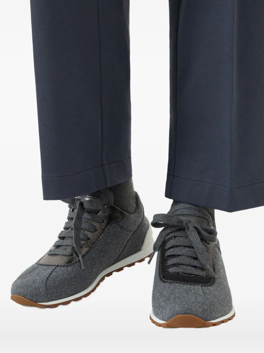 Brunello Cucinelli Virgin Wool Flannel And Lamé Calfskin Runners With Monili Shoes