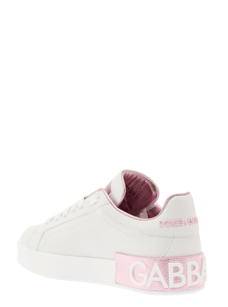 'Portofino' White And Pink Low Top Sneakers With Logo In Leather Woman