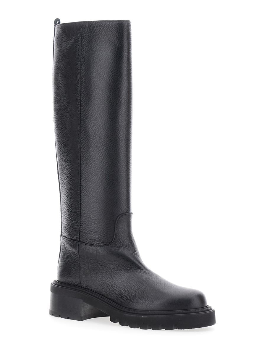 Black Knee-High Slip-On Boots In Grained Leather Woman