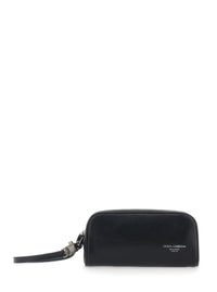 Black Clutch With Wrist Strap And Logo Lettering On The Front In Leather Man