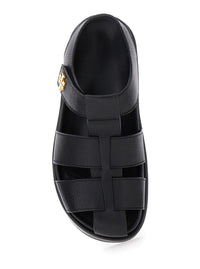 'Kira' Black Sandals With Logo Plaque In Grained Leather Woman