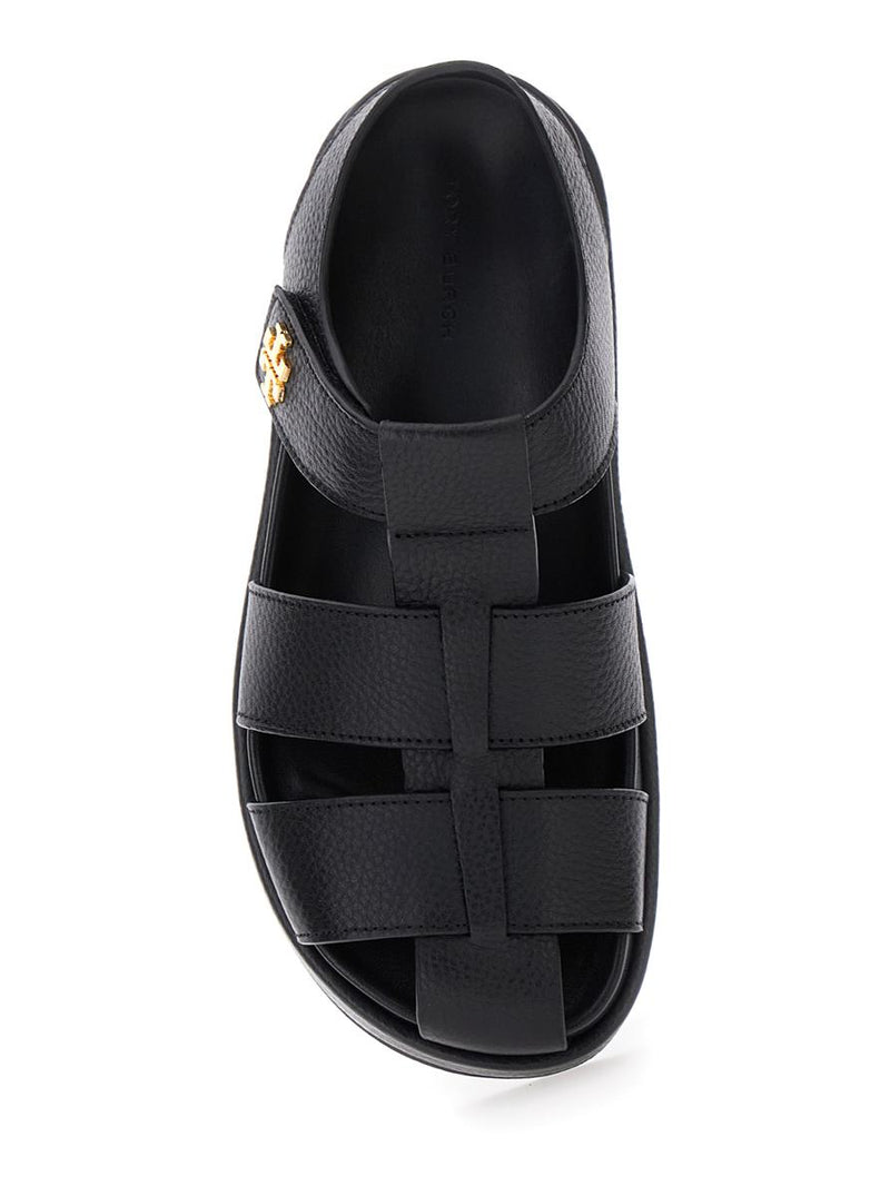 'Kira' Black Sandals With Logo Plaque In Grained Leather Woman
