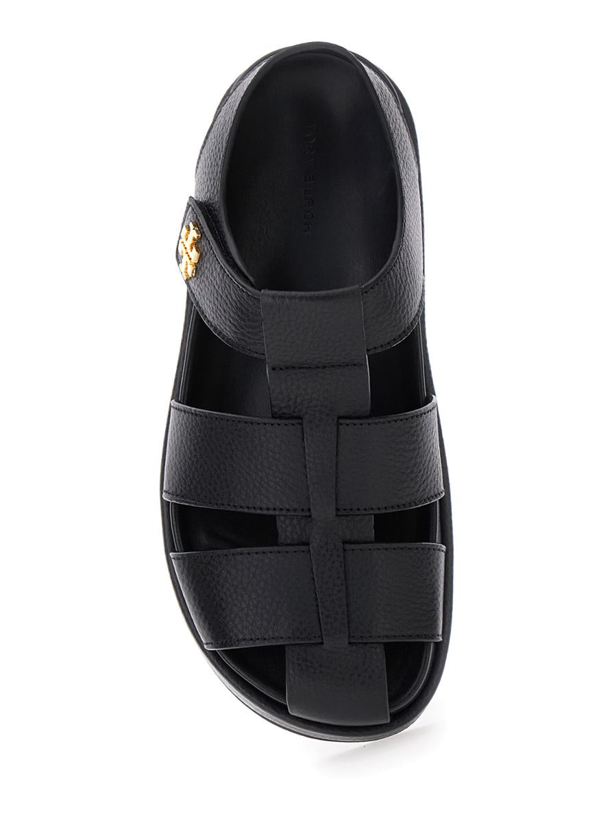 'Kira' Black Sandals With Logo Plaque In Grained Leather Woman