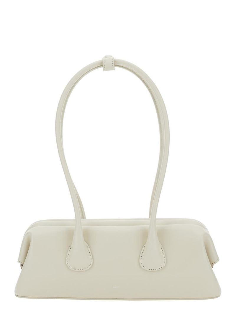 'Boat Wide Mini' White Shoulder Bag With Round Handles And Logo Lettering On The Front In Leather Woman