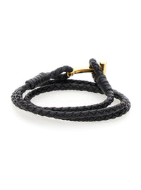 Black Bracelet With T Detail In Braided Leather Man