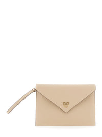 Beige Clutch Bag With Metal Plate And Love Birds Logo In Leather Woman