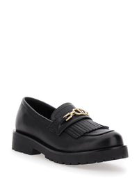 Black Loafers With Platform And Metallic Logo In Leather Woman