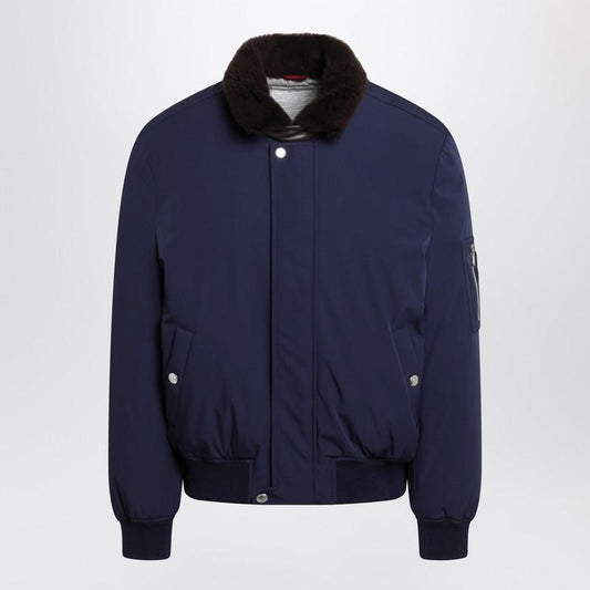 Brunello Cucinelli Indigo Puffer Jacket With Shearling Collar