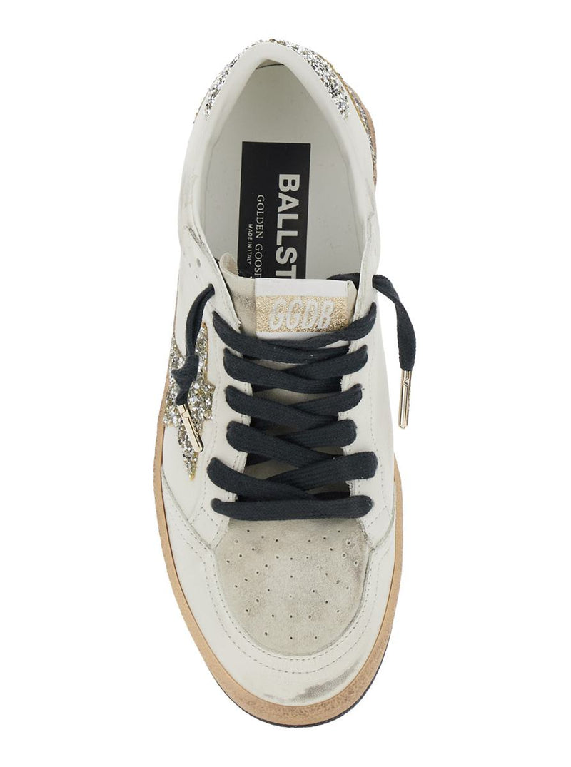 'Ballstar' White Low Top Sneakers With Glittered Star Patch On The Side And Glittered Heel With Logo Lettering In Leather Woman