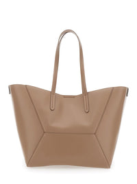 Beige Tote Bag With Logo Lettering On The Front And Geometric Panels Design In Leather Woman