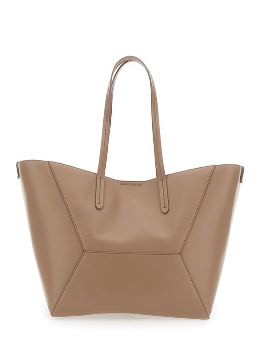 Beige Tote Bag With Logo Lettering On The Front And Geometric Panels Design In Leather Woman