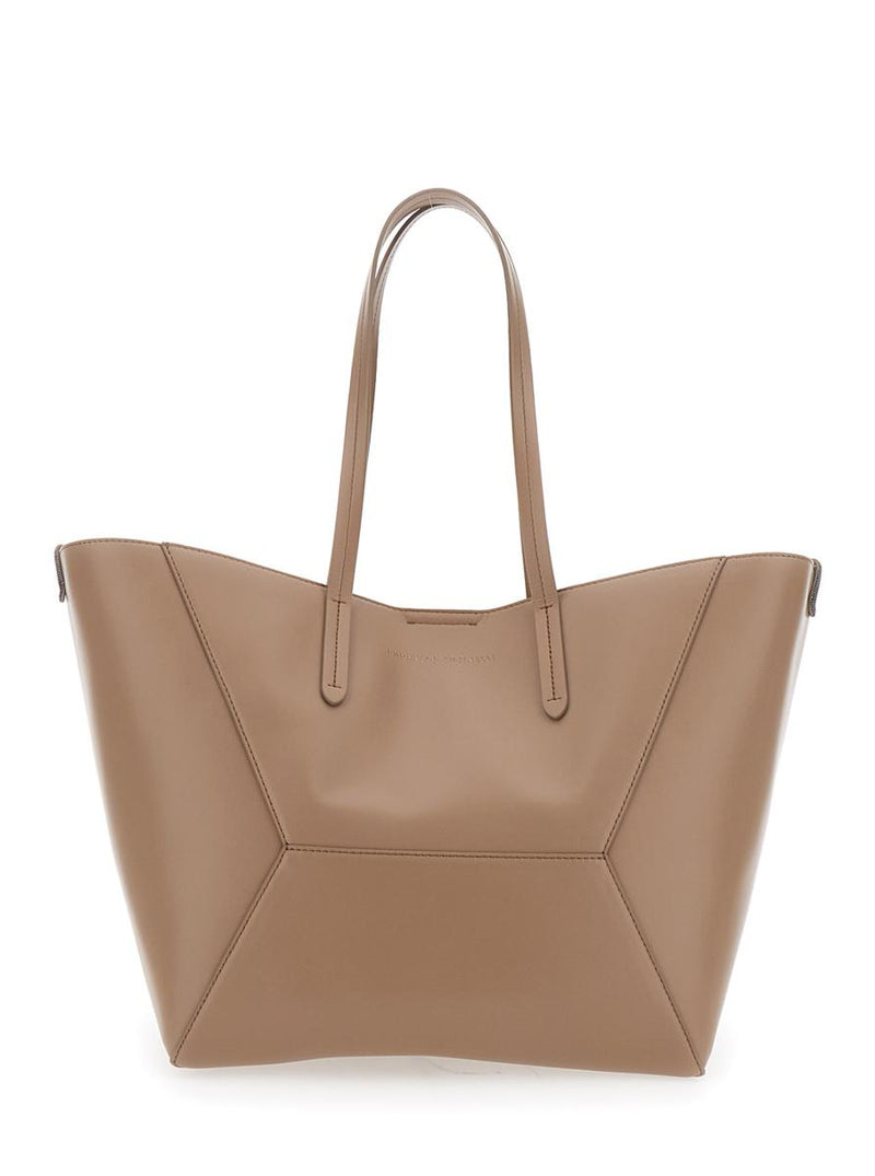 Beige Tote Bag With Logo Lettering On The Front And Geometric Panels Design In Leather Woman