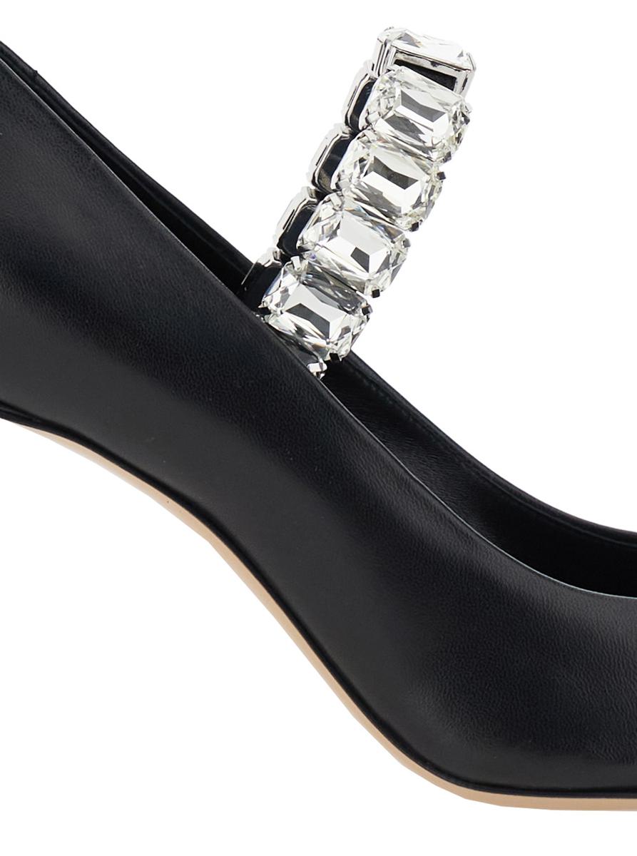 Black Pumps With Crystal Embellished Strap And High Stiletto Heel In Leather Woman