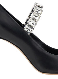 Black Pumps With Crystal Embellished Strap And High Stiletto Heel In Leather Woman