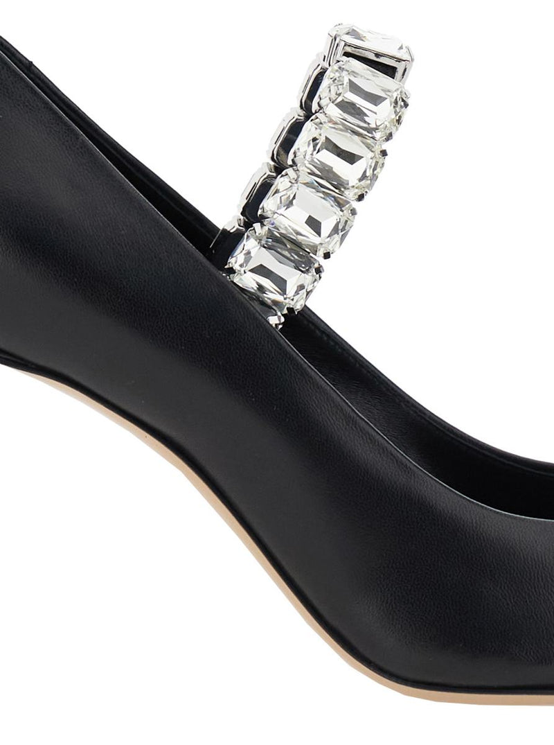 Black Pumps With Crystal Embellished Strap And High Stiletto Heel In Leather Woman