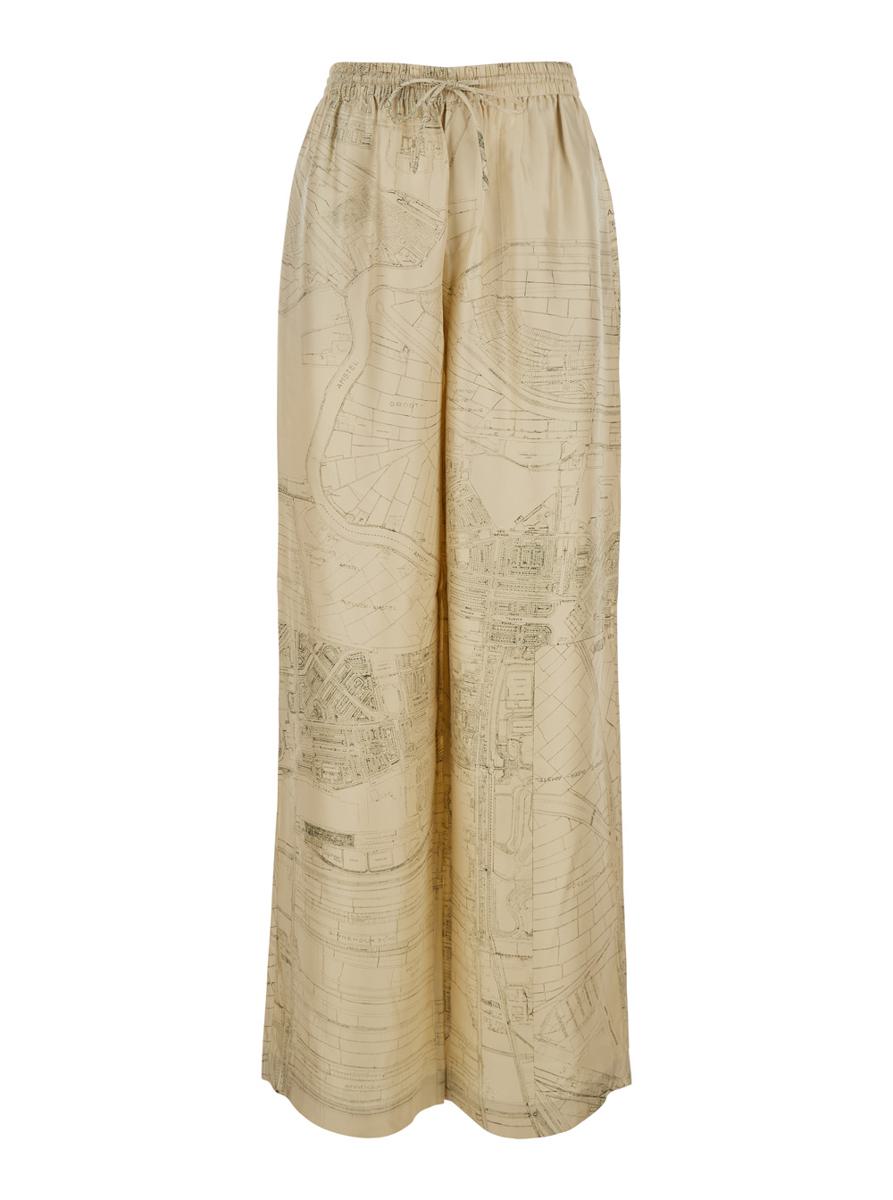 Beige Pants With Wide Leg And All-Over Print In Silk Woman