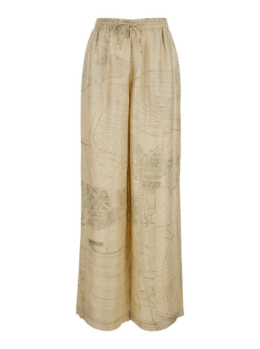 Beige Pants With Wide Leg And All-Over Print In Silk Woman
