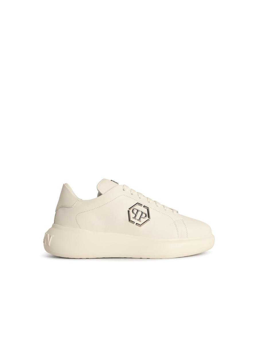 Philipp Plein 'Low Top New Basic Hexagon' White Leather Sneakers
