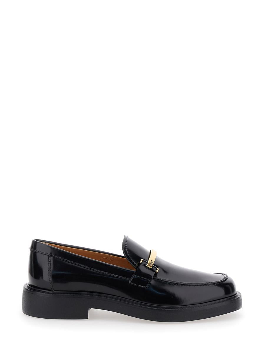 Black Loafers With Logo Plaque In Leather Woman