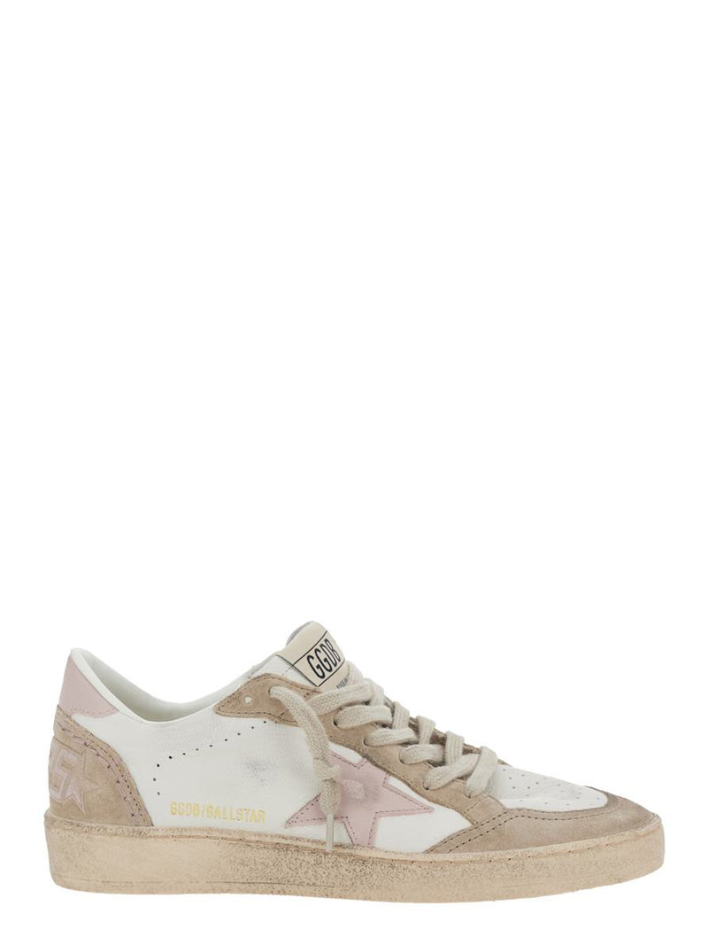 'Ballstar' White Low Top Sneakers With Glittered Star Patch On The Side And Glittered Heel With Logo Lettering In Leather Woman