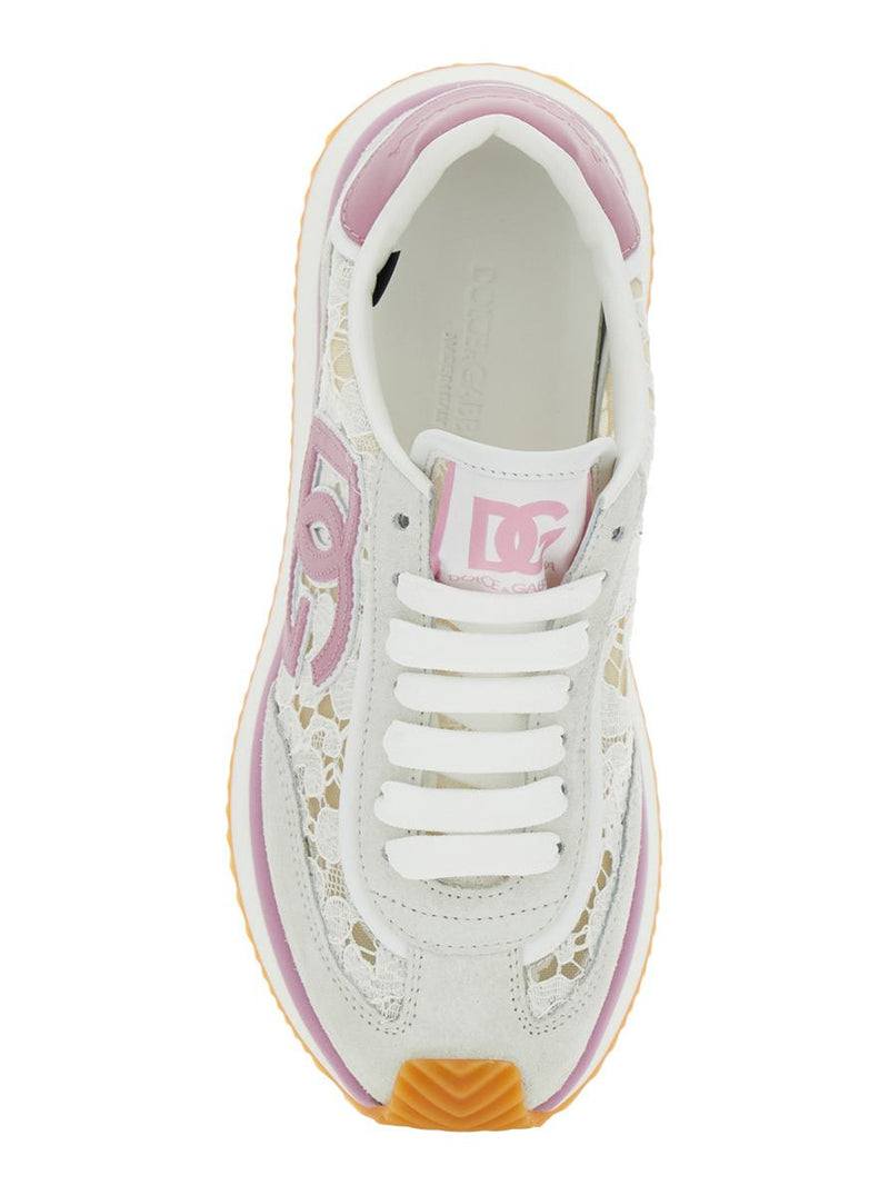 White Low Top With Lace Details And Dg Patch On The Side In Fabric And Suede Blend Woman