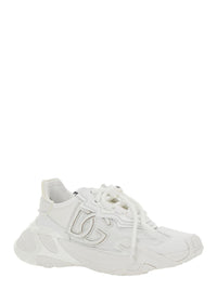 White Low Top Sneakers With Logo Lettering On Tongue And Heel In Tech Fabric Woman