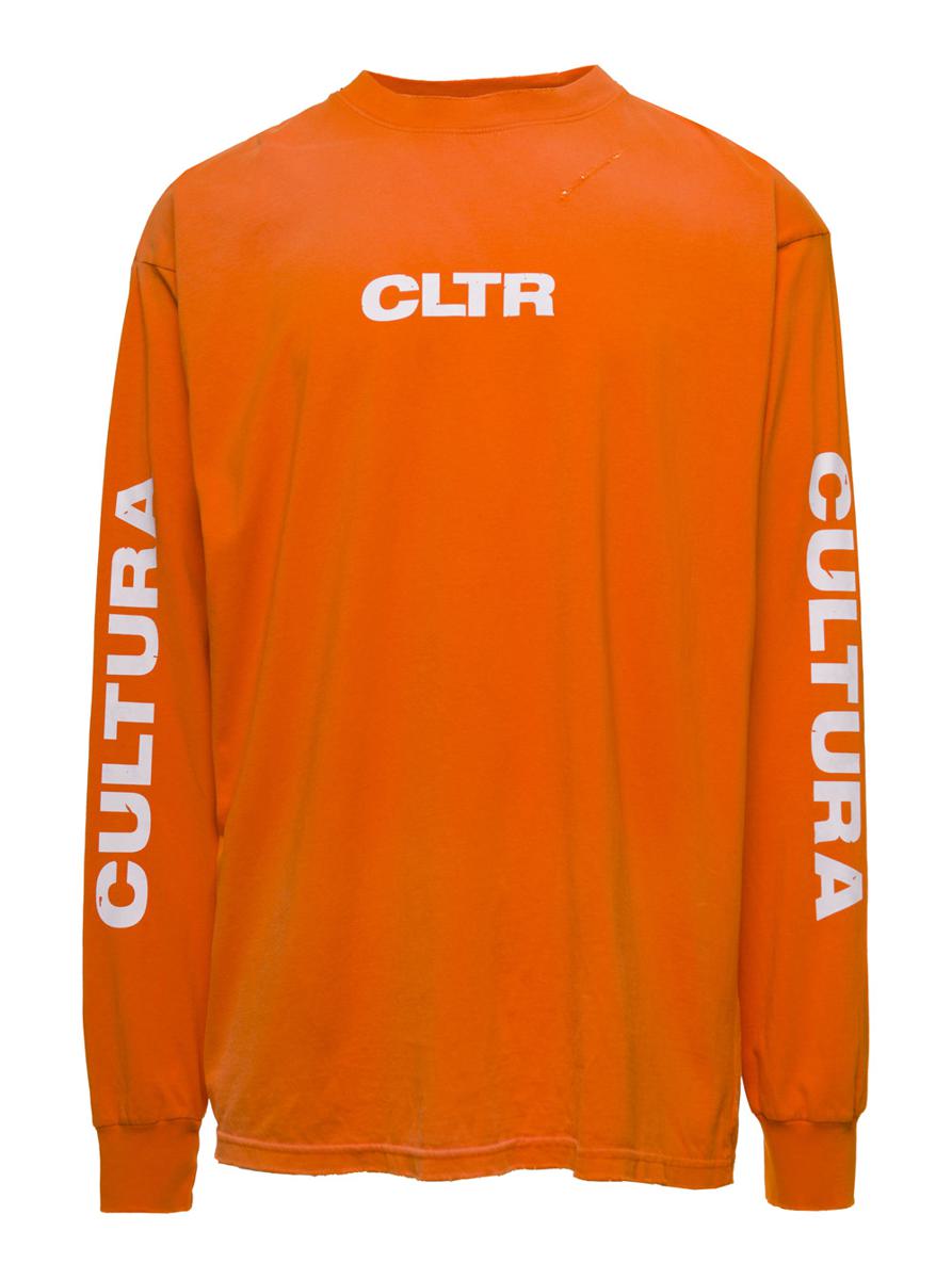 Orange Crewneck Sweatshirt With Contrasting Cltr Print In Jersey Man