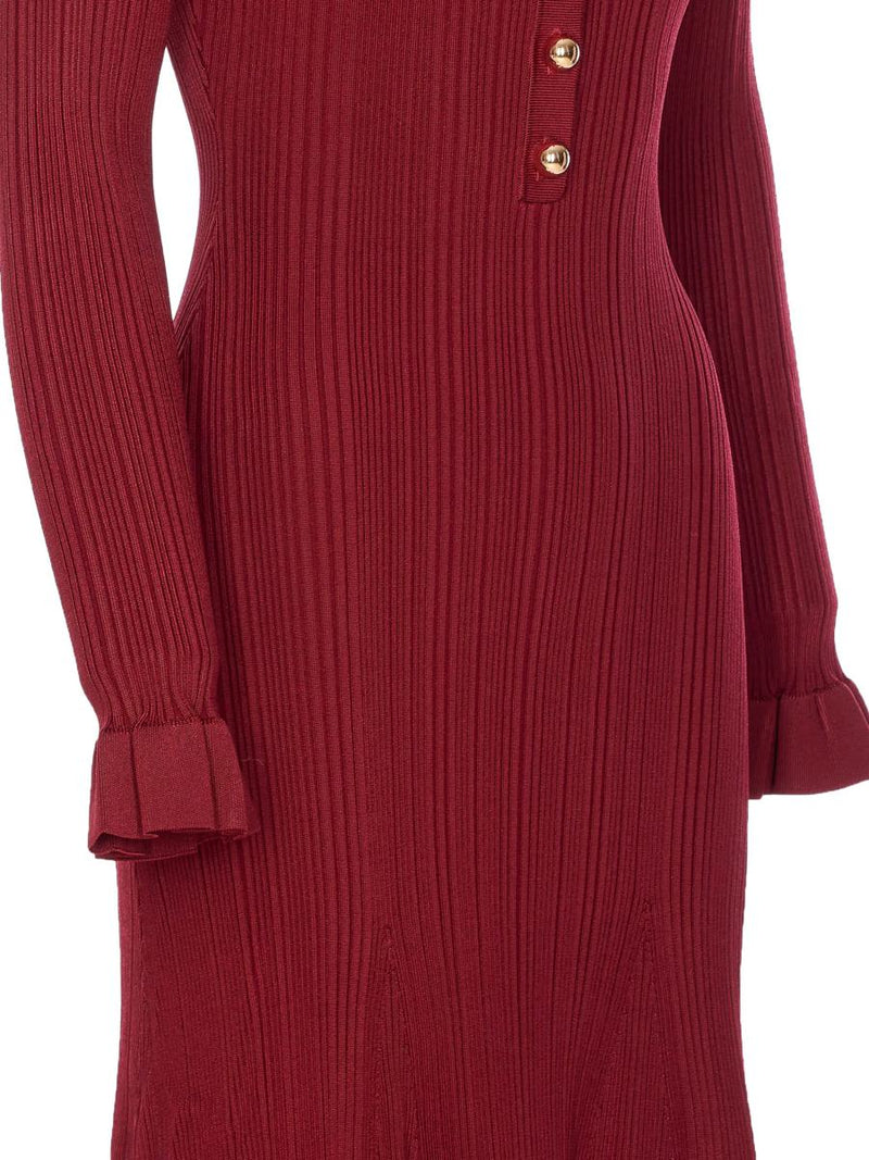 Self-Portrait Burgundy Ribbed Knit Midi Dress Clothing