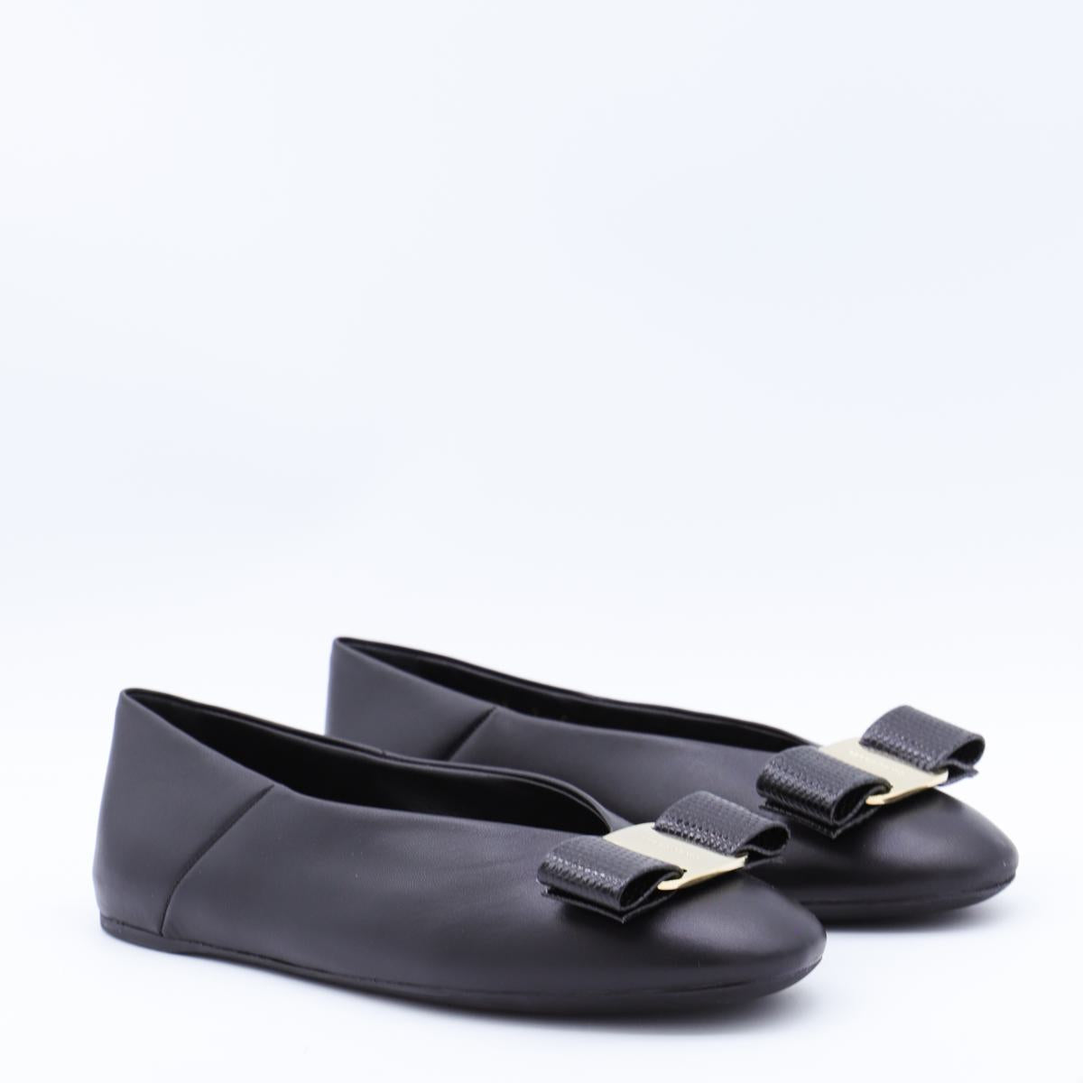 Salvatore Ferragamo Black Leather Vanna Flats