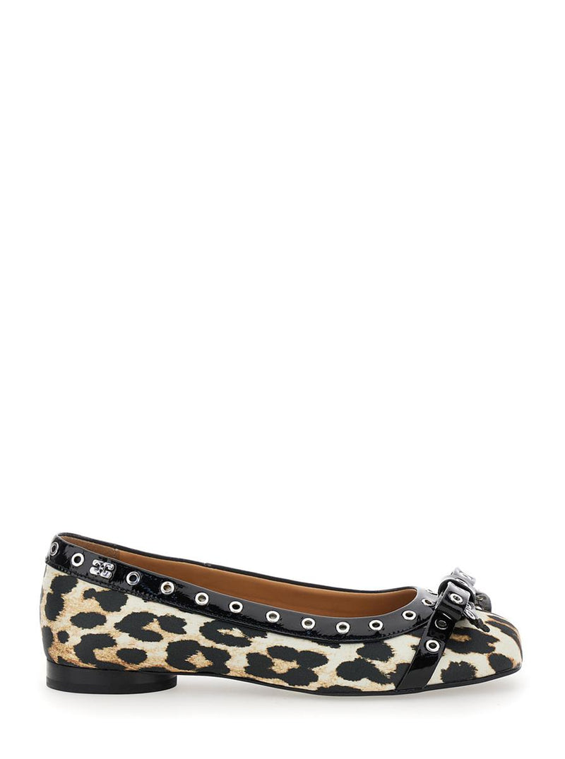 Multicolor Ballet Flats With Eyelets And All-Over Leopard Print In Satin Woman