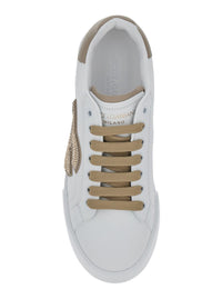 Black And Beige Low Top Sneakers With Logo Patch On The Side And Logo Lettering On The Tongue In Leather Woman