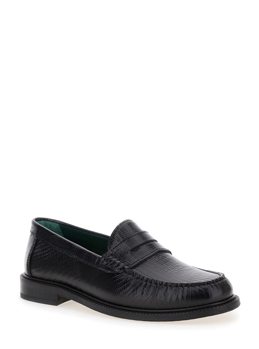 Black Loafers With Embossed Lizard Effect And Almond Toe In Leather Man