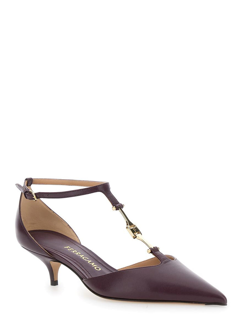 Bordeaux Pumps With T Strap And Low Heel In Leather Woman