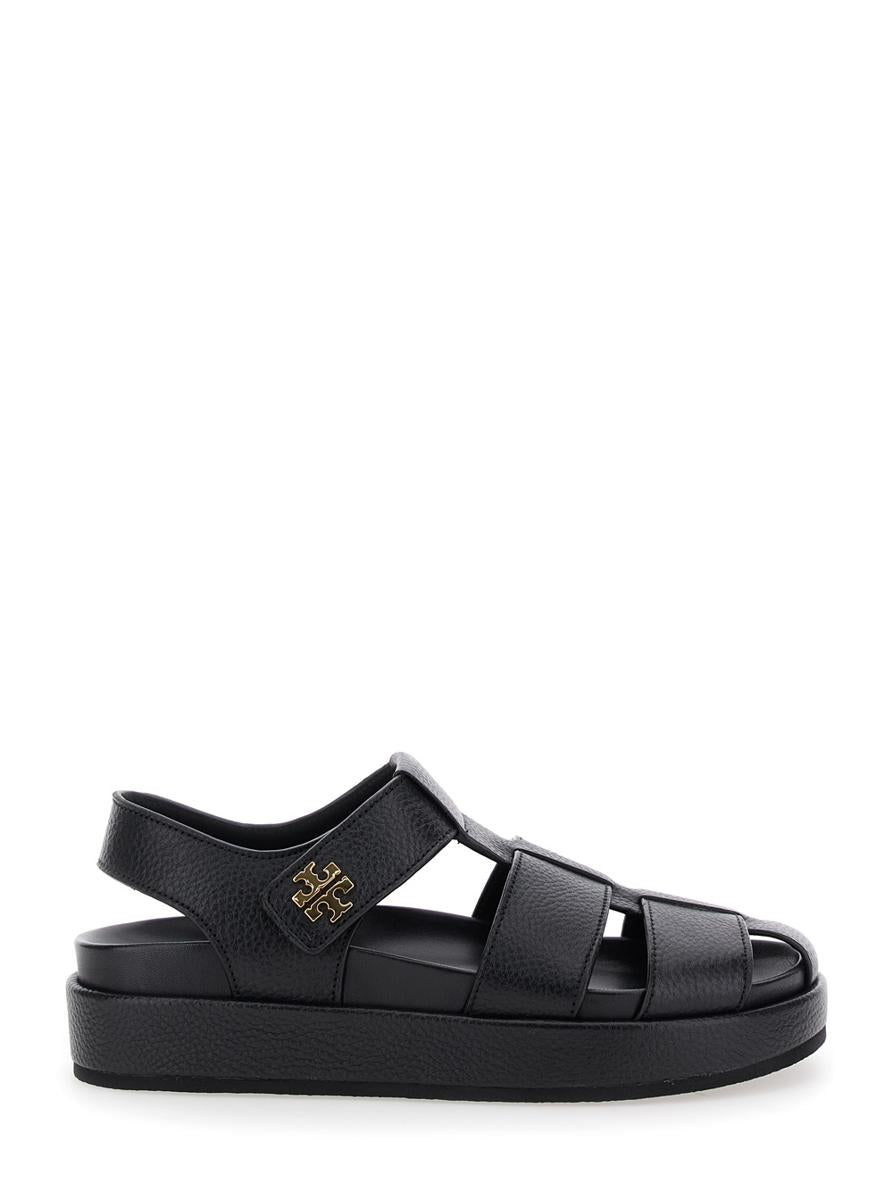 'Kira' Black Sandals With Logo Plaque In Grained Leather Woman