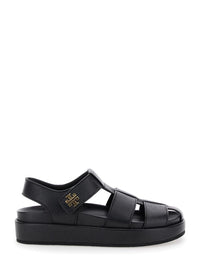 'Kira' Black Sandals With Logo Plaque In Grained Leather Woman