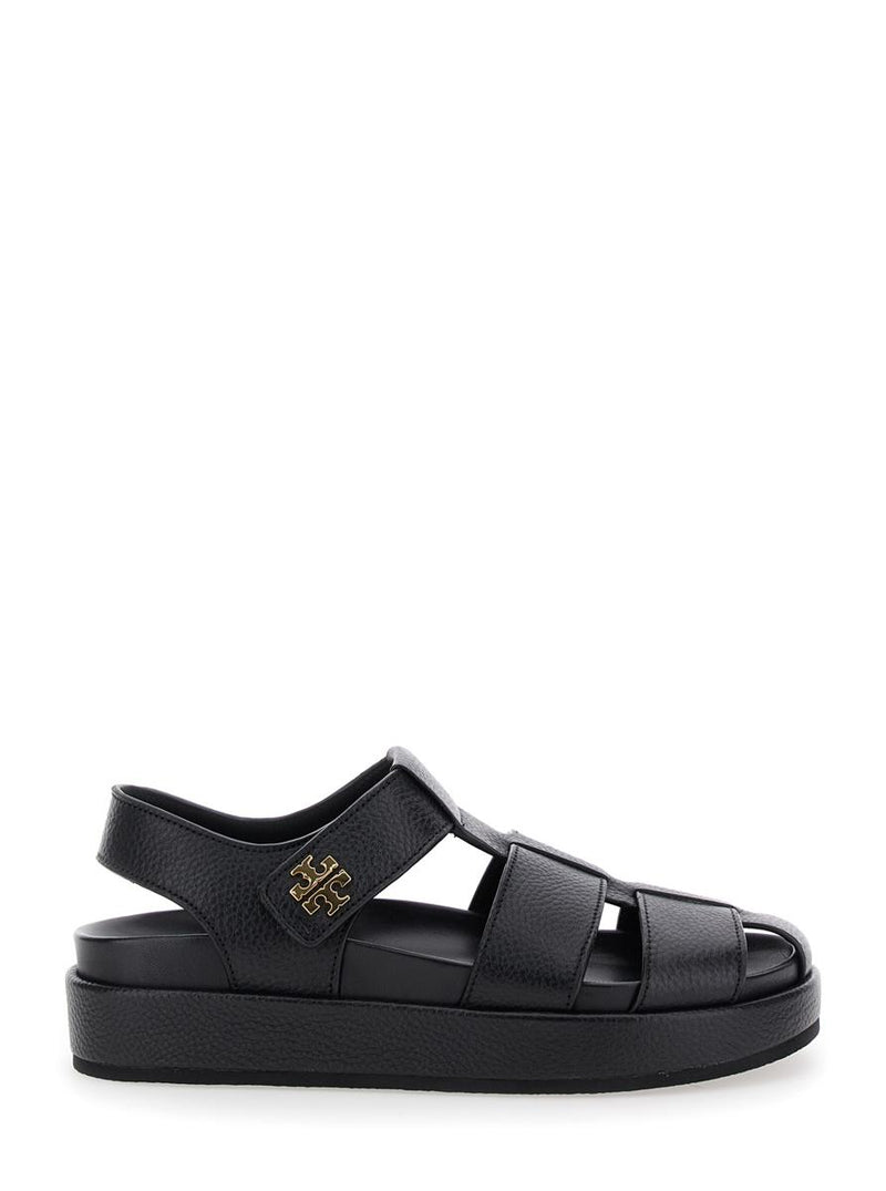'Kira' Black Sandals With Logo Plaque In Grained Leather Woman