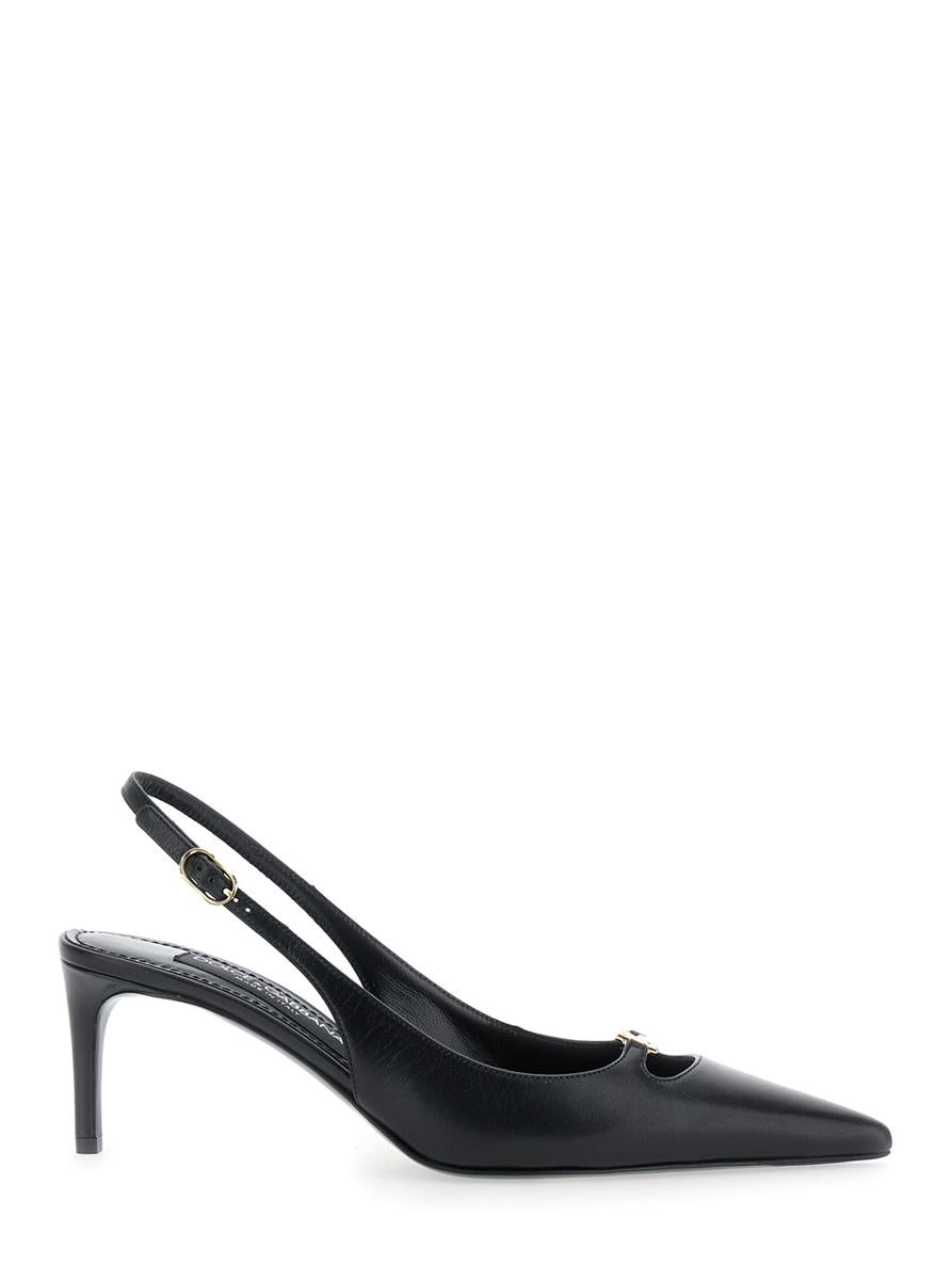 Black Slingback Pumps With Logo Plaque On The Front In Patent Leather Woman