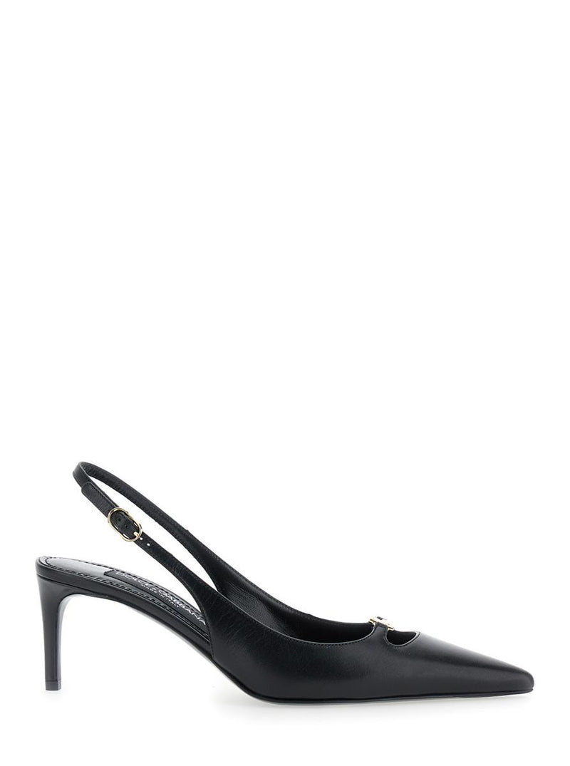 Black Slingback Pumps With Logo Plaque On The Front In Patent Leather Woman
