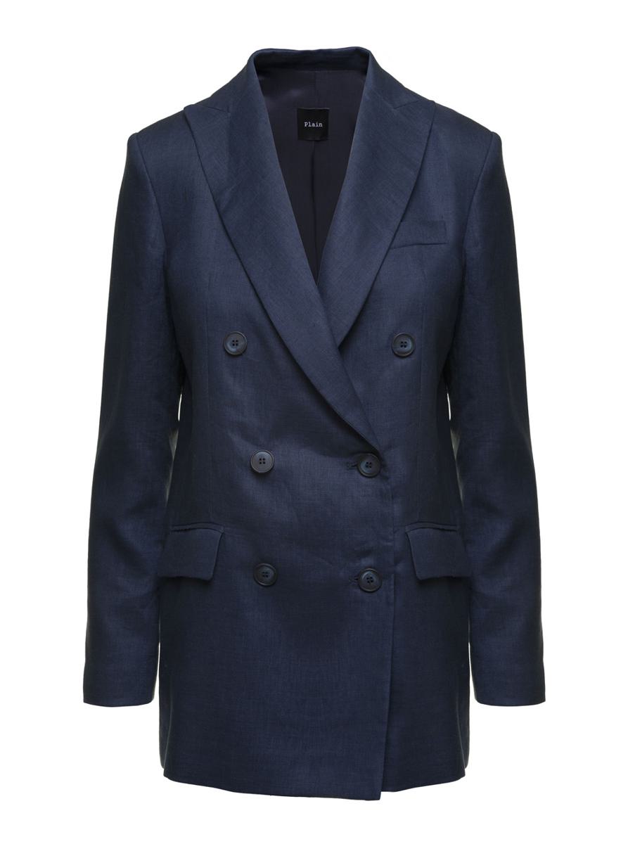Blue Double-Breasted Jacket In Linen Woman