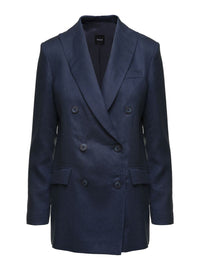 Blue Double-Breasted Jacket In Linen Woman