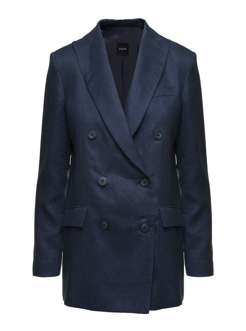 Blue Double-Breasted Jacket In Linen Woman