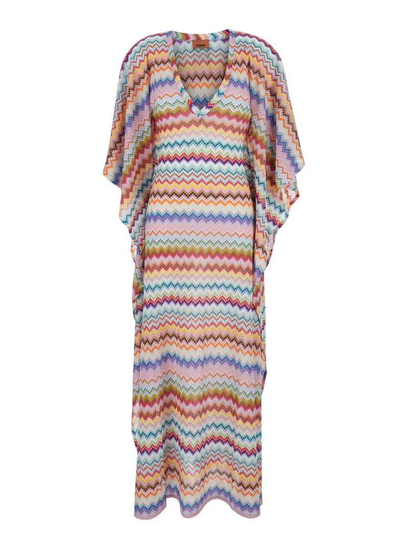 Multicolor Caftan With Wide V-Neck And All-Over Zigzag Pattern In Lamé Viscose Woman