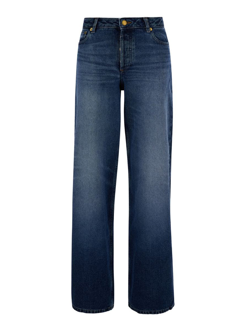 'Elisabeth' Blue Straight Jeans With Branded Button In Denim Woman