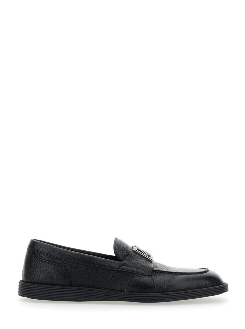 'Florio' Black Loafers With Dg Plaque On The Front In Grained Leather Man