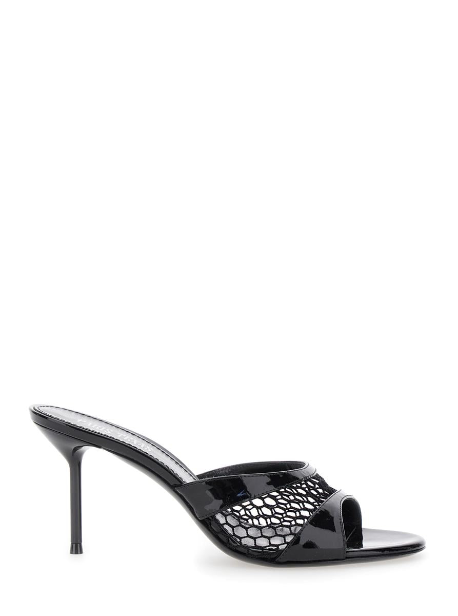 Black Mule With Mesh Design And Stiletto Heel In Leather Woman
