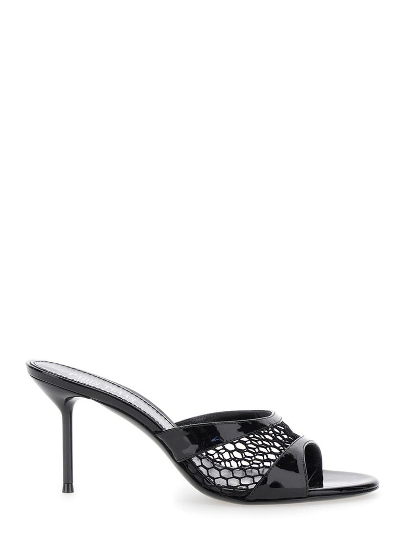 Black Mule With Mesh Design And Stiletto Heel In Leather Woman