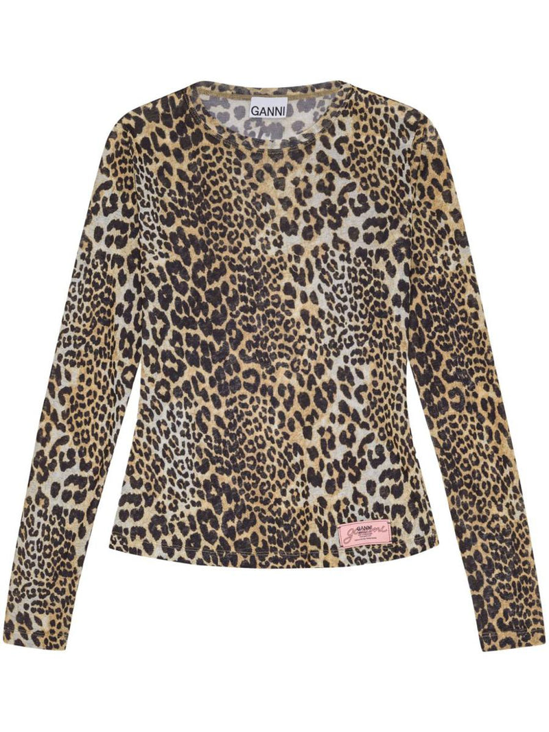 Ganni Long-Sleeve Crew-Neck T-Shirt With Animal Print