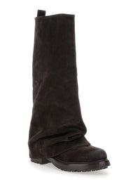 Brown Multilayer Combat Boots With One Block Sole In Suede Woman